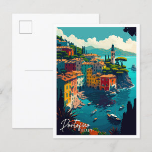 Postal Ilustracion de viajes vintage de Portofino Italia