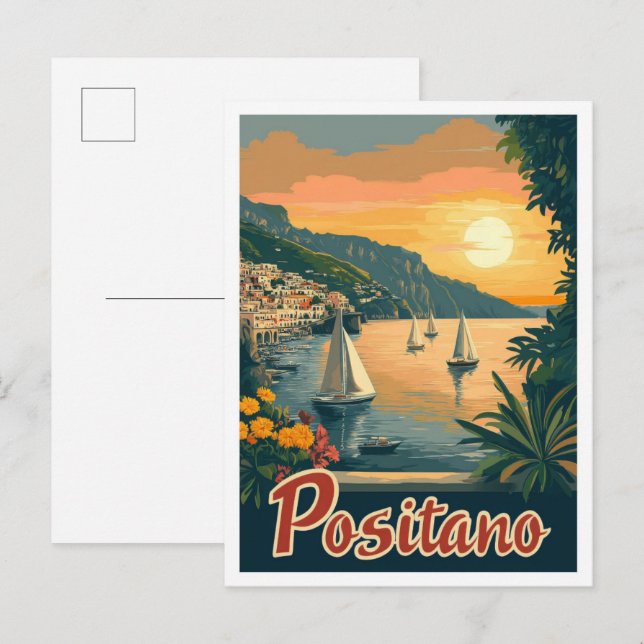 Postal Ilustracion de Viajes Vintage de Positano Italia (Anverso / Reverso)