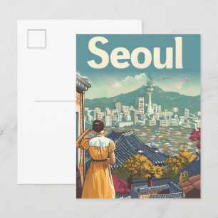 Postal Ilustracion de Viajes Vintage de Seúl, Corea del S