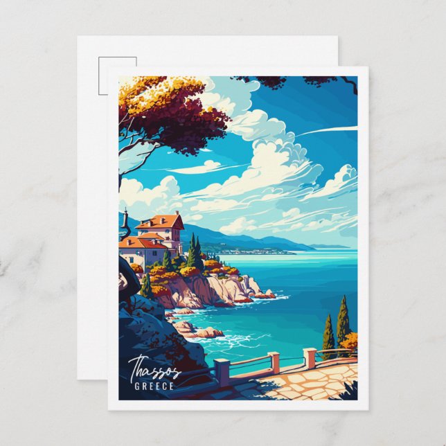 Postal Ilustracion de viajes vintage de Thassos Greece (Anverso / Reverso)