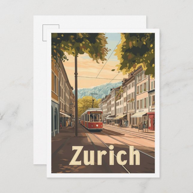 Postal Ilustracion de Viajes Vintage de Zurich Suiza (Anverso / Reverso)