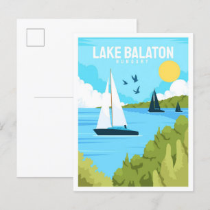 Postal Ilustracion de Viajes Vintage del Lago Balaton Hun