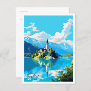 Postal Ilustracion de viajes vintage del Lake Bled Eslove