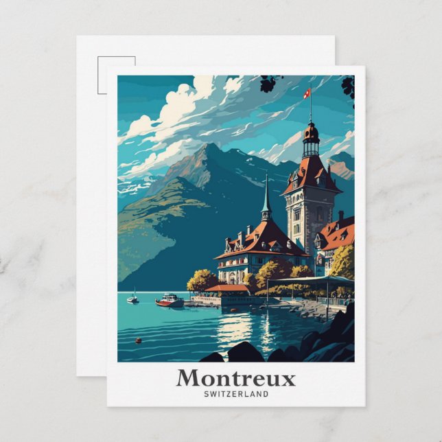 Postal Ilustracion de viajes vitales de Montreux Suiza (Anverso / Reverso)