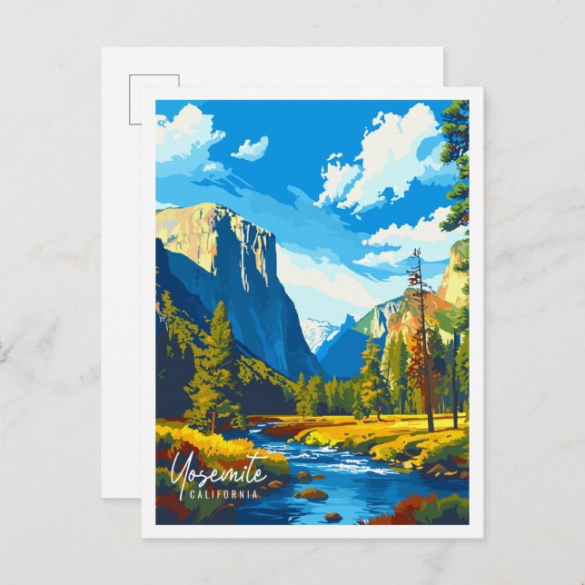 Postal Ilustracion de viajes Yosemite California vintage (Anverso / Reverso)