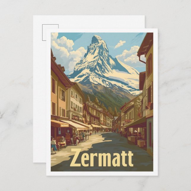 Postal Ilustracion de viajes Zermatt Suiza Vintage (Anverso / Reverso)