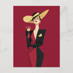 Postal Ilustración de vino de mujer elegante