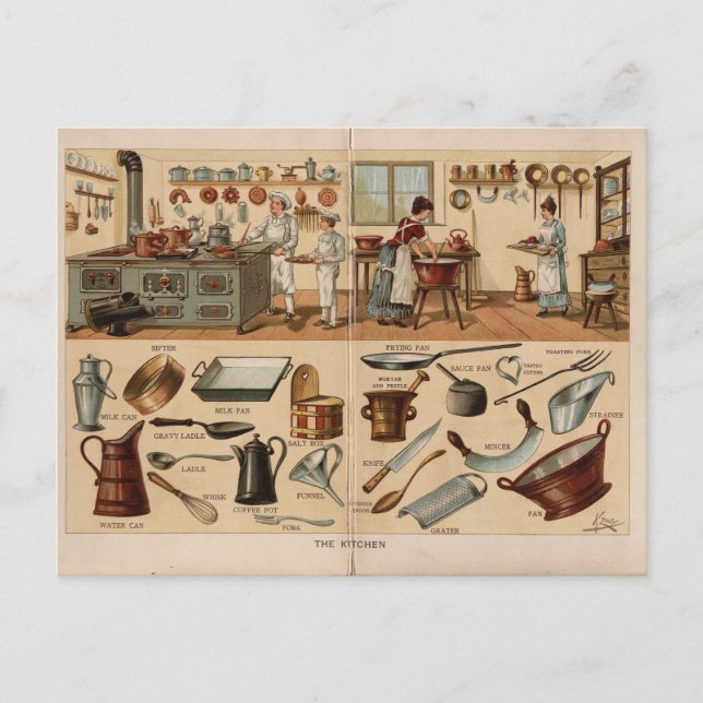 Postal Ilustracion de vintage Kitchenware (Anverso)
