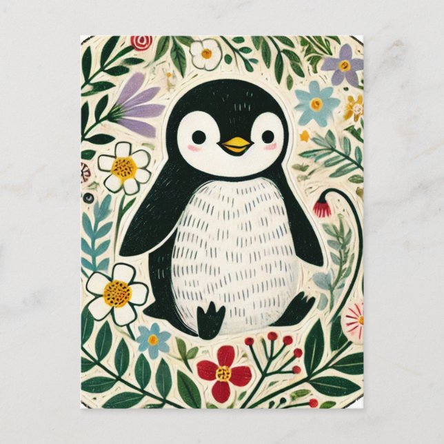 Postal Ilustracion de Wildflower Penguin Lovers (Anverso)