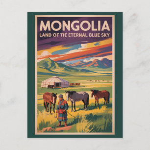 Postal Ilustración de yurtas de caballos de Mongolia Arte