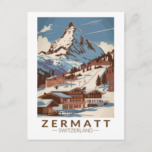 Postal Ilustración de Zermatt Suiza Arte de Viaje Retro