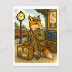 Postal Ilustración de zorro viajero