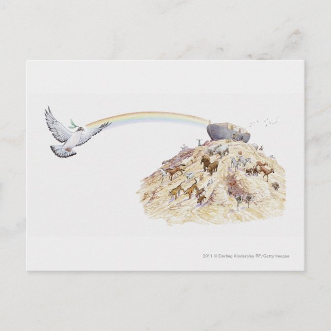 Postal Ilustracion del arca de Noé con animales abandonan (Anverso)