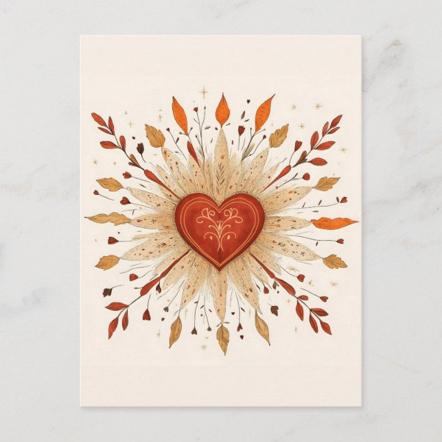 Postal Ilustracion del corazón otoñal de Boho (Anverso)