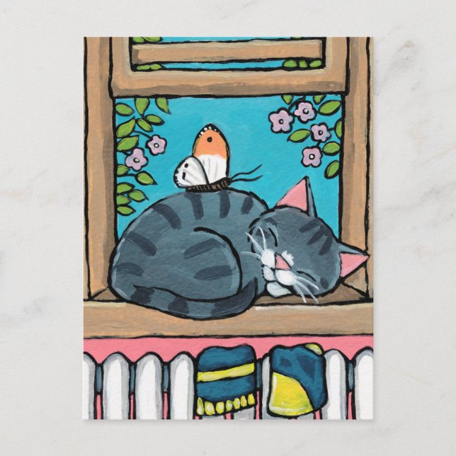 Postal Ilustracion del gato y de la mariposa de Tabby el (Anverso)