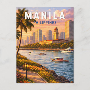 Postal Ilustración del horizonte de Manila Filipinas Arte