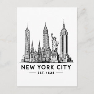 Postal Ilustración del horizonte de NYC con la Estatua de
