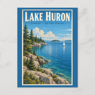 Postal Ilustración del lago Huron Arte de viaje vintage