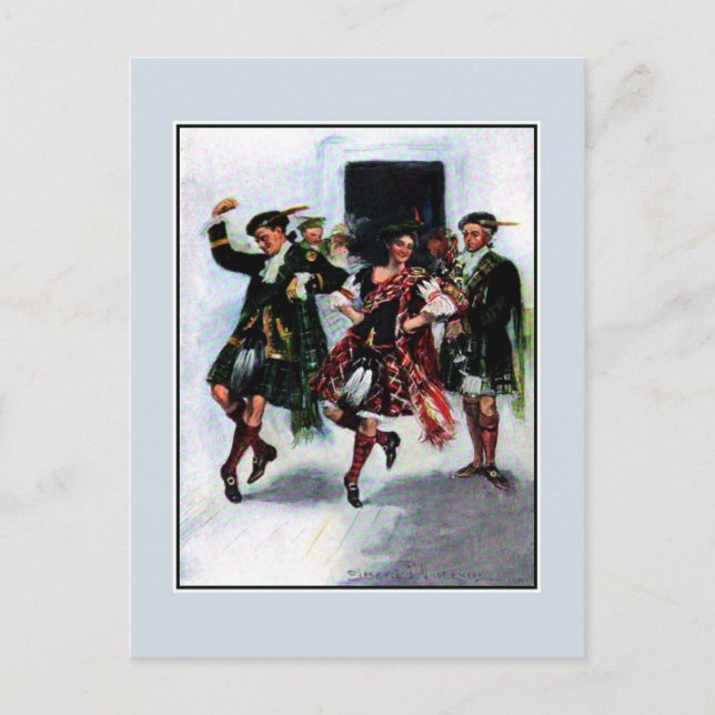 Postal Ilustracion del libro de baile de kilt de Escocia (Anverso)