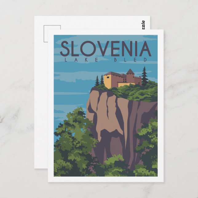 Postal Ilustracion del lugar de viaje del lago Bled de Es (Anverso / Reverso)