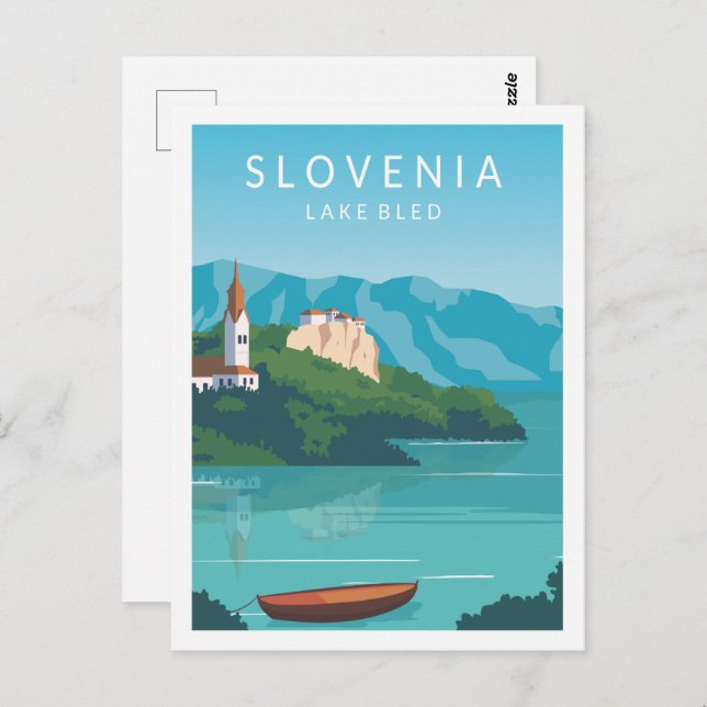 Postal Ilustracion del lugar de viaje del lago Bled Eslov (Anverso / Reverso)