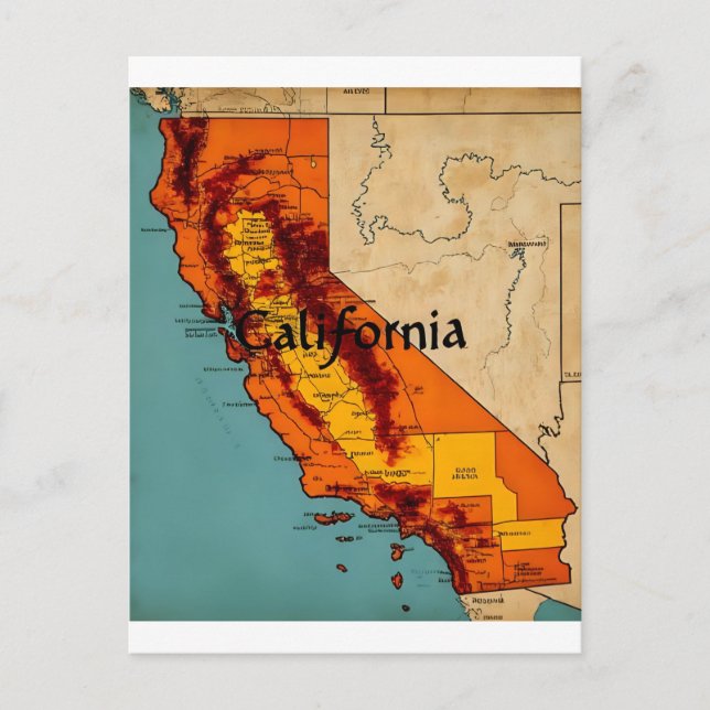 Postal Ilustración del mapa de California (Anverso)