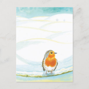 Postal Ilustracion del paisaje invernal blanco con Robin