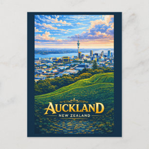 Postal Ilustración del paisaje urbano de Auckland Nueva Z