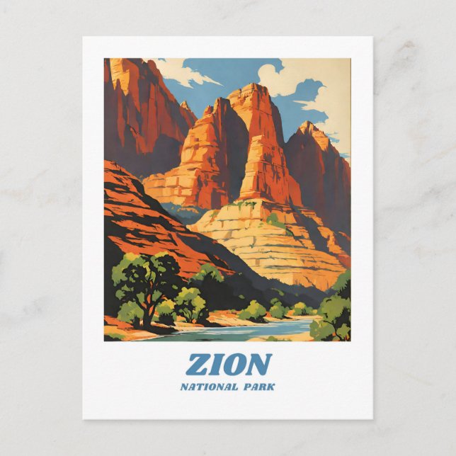 Postal Ilustracion del Parque Nacional Zion retro Clásico (Anverso)