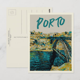 Postal Ilustracion del puente fluvial Porto Douro Portuga