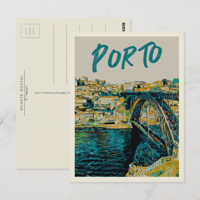 Postal Ilustracion del puente fluvial Porto Douro Portuga (Anverso / Reverso)