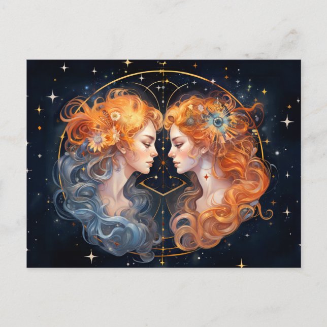 Postal Ilustracion del Rótulo Gemini Zodiac (Anverso)