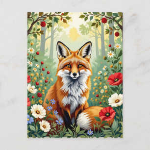 Postal Ilustración del zorro en el bosque de flores silve