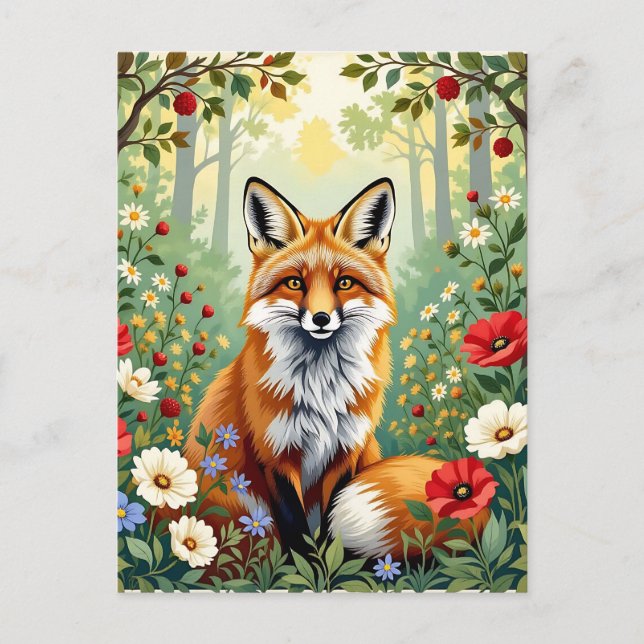 Postal Ilustración del zorro en el bosque de flores silve (Anverso)