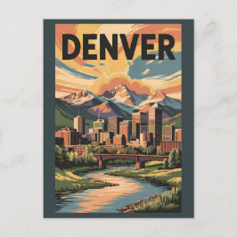 Postal Ilustracion Denver Colorado Sunset Travel Art
