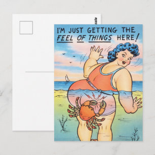 Postal Ilustración divertida de ataque de cangrejo con hu