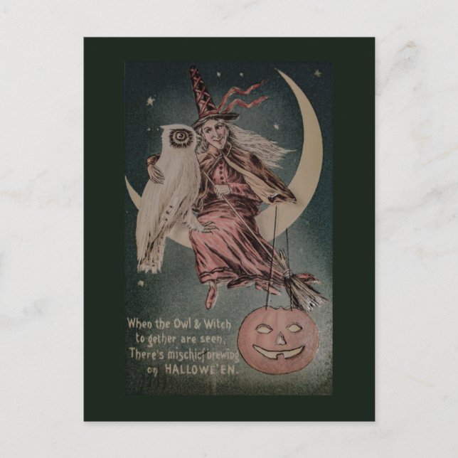 Postal Ilustración divertida de búho de Halloween vintage (Anverso)