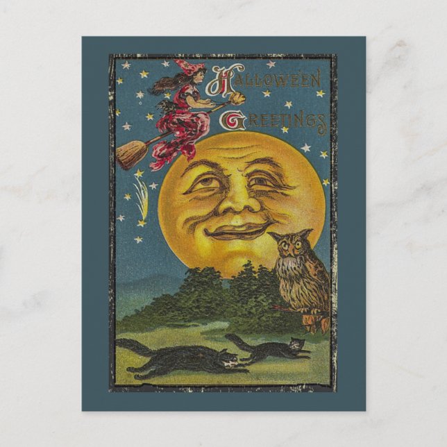 Postal Ilustración divertida de búho de Halloween vintage (Anverso)