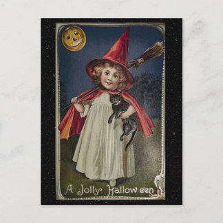 Postal Ilustración divertida de gato vintage de Halloween