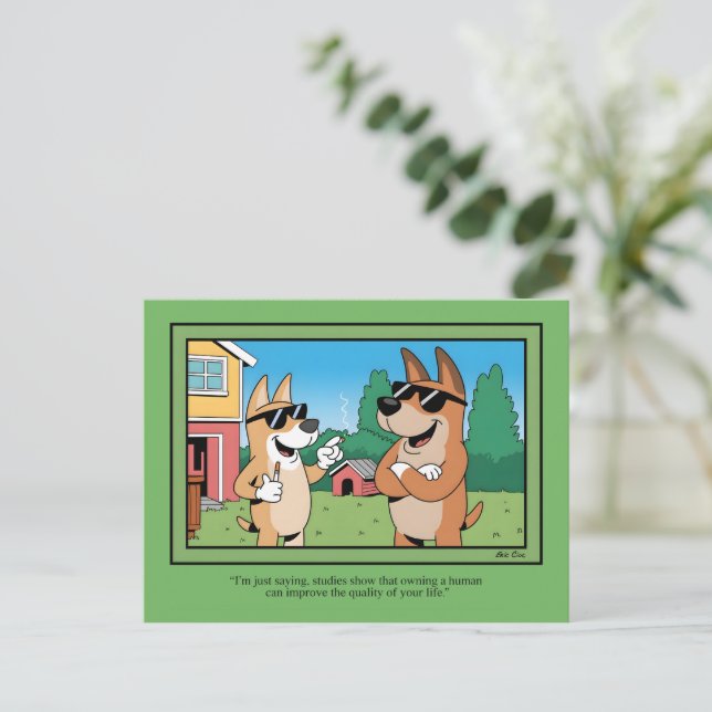 Postal Ilustración divertida de un perro que posee a un h (Anverso de pie)