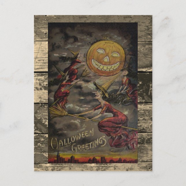 Postal Ilustración divertida rara de Halloween vintage (Anverso)
