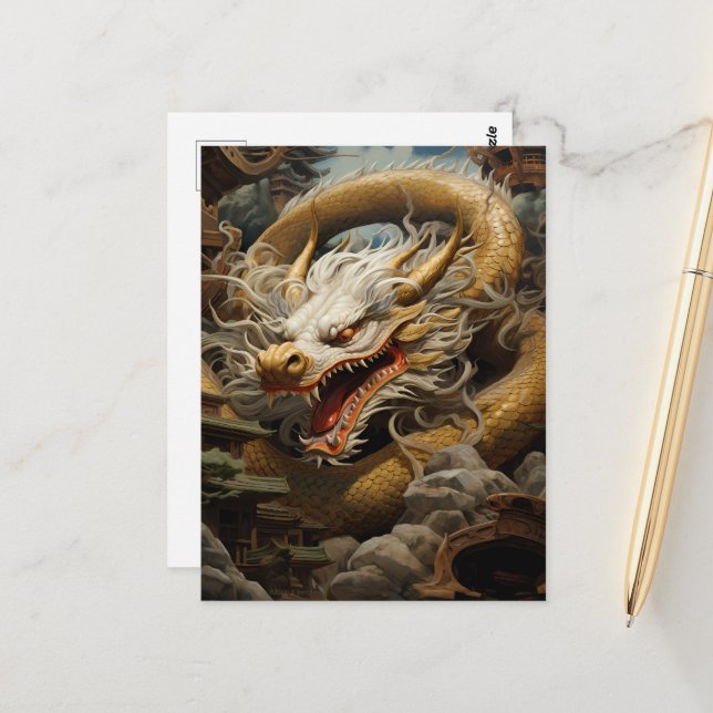 Postal Ilustracion Dragón amarillo y blanco oriental (Anverso/Reverso In Situ)