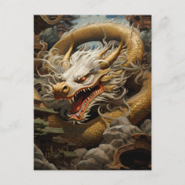 Postal Ilustracion Dragón amarillo y blanco oriental