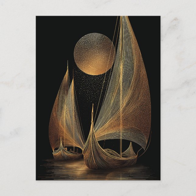 Postal Ilustración elegante de líneas de oro de Longships (Anverso)