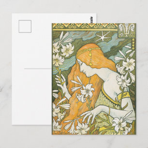 Postal Ilustración elegante de mujer Art Nouveau con liri