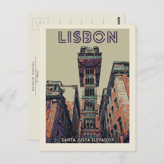 Postal Ilustracion elevador de Lisboa Santa Justa Portuga (Anverso / Reverso)