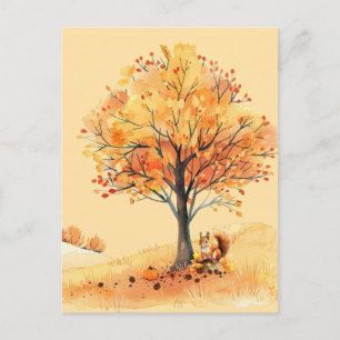 Postal Ilustración en Acuarela de Ardilla de Otoño