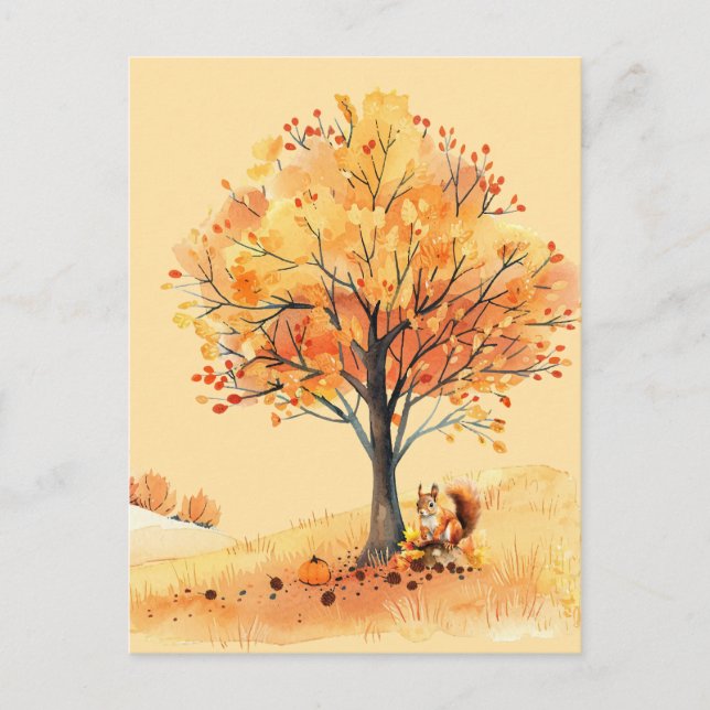 Postal Ilustración en Acuarela de Ardilla de Otoño (Anverso)