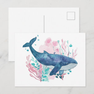 Postal Ilustración en acuarela de ballena jorobada linda