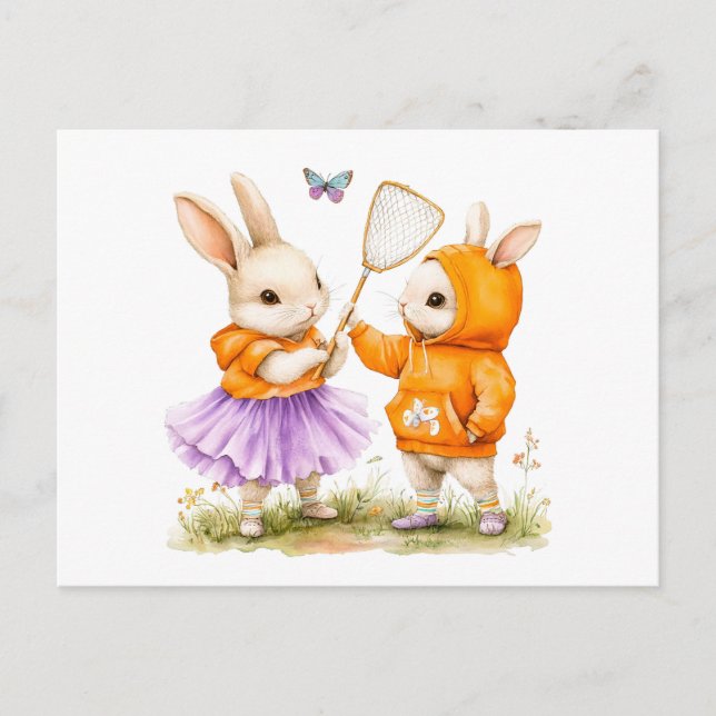 Postal Ilustración en acuarela de dos conejos atrapando b (Anverso)